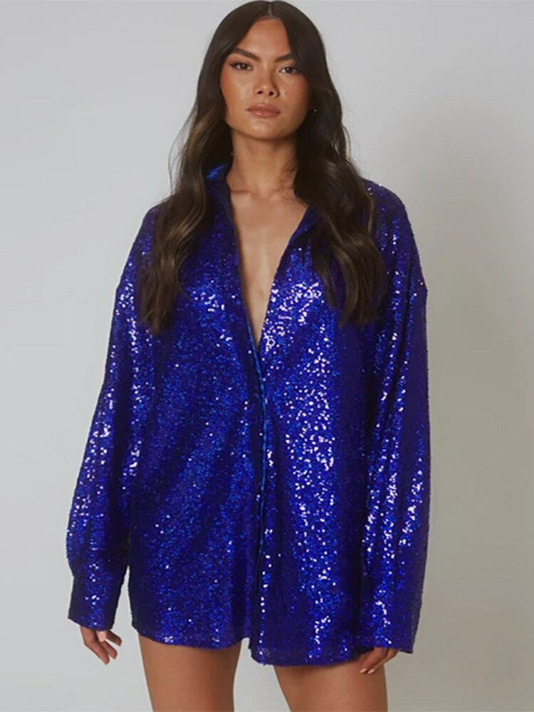 Dam Överdimensionerad Glittera Blus | Paljett Stil