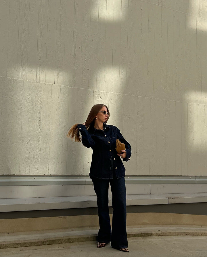 Dam Denim Stil Uppsättning | Utsvängda Jeans Och Blus Klädsel