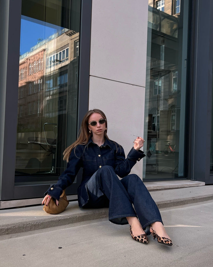 Dam Denim Stil Uppsättning | Utsvängda Jeans Och Blus Klädsel