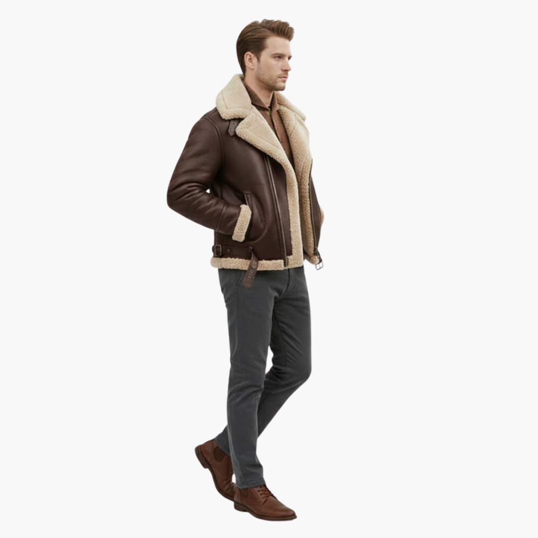 Herr Flygare Bomberjacka | Fusk-Shearling Krage Blixtlås-Upp Vinterkappa