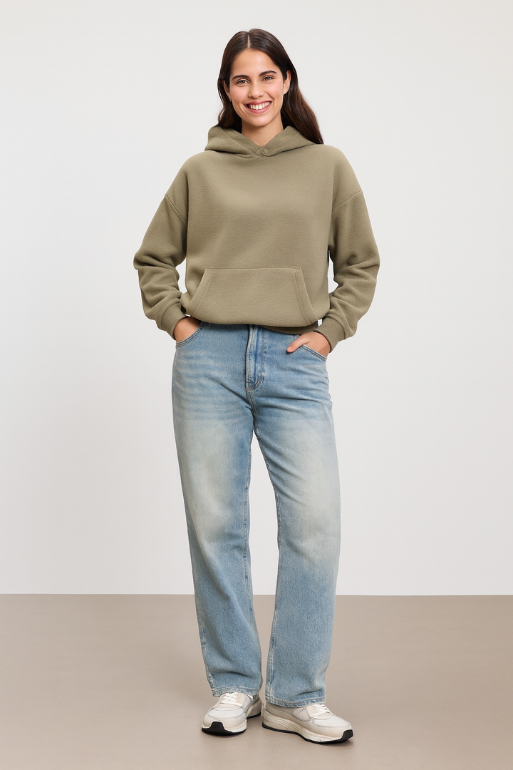 Snygg Vinterhuvtröja | Dam Oliv Fleece Huvtröja