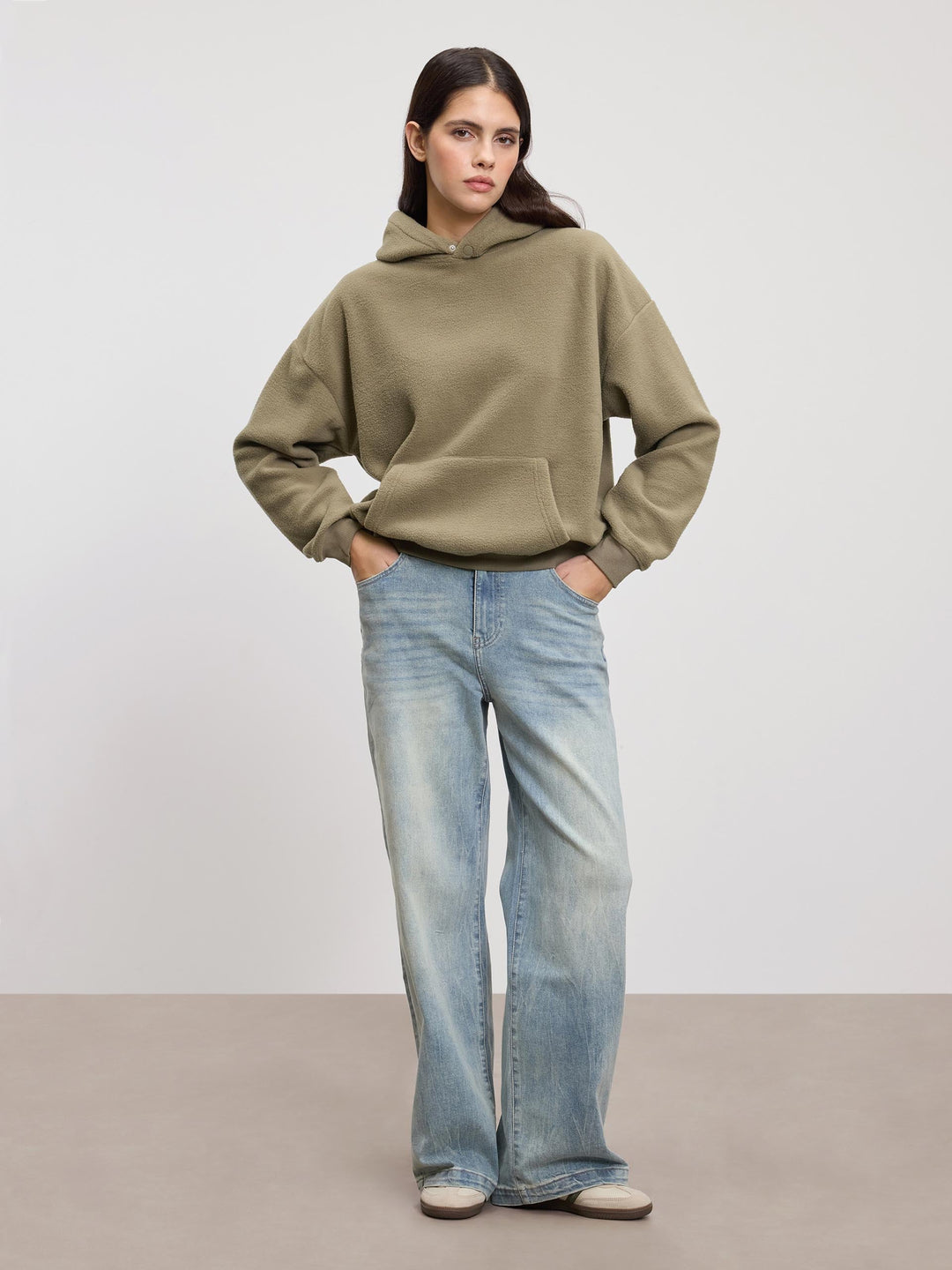 Snygg Vinterhuvtröja | Dam Oliv Fleece Huvtröja