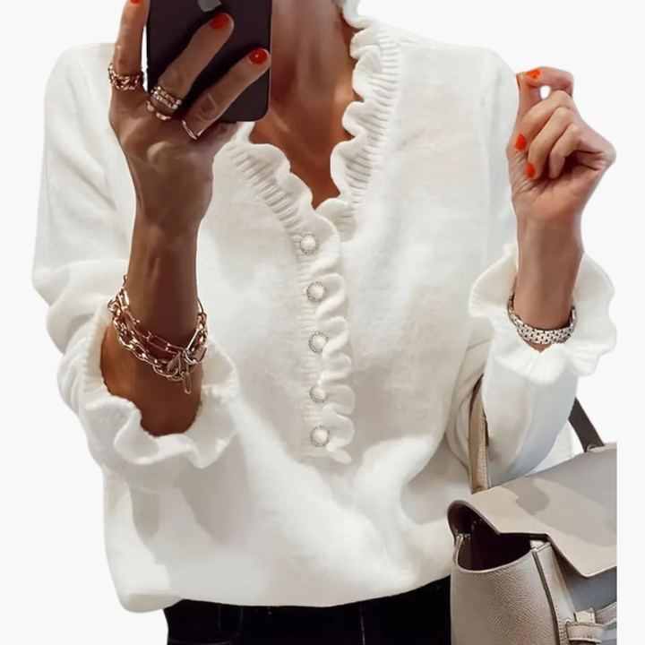 Dam Långärmad Volangkrage Blus med Eleganta Knappar