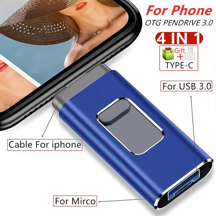 Flera Portar OTG USB-Minne - USB-A, USB-C, Mikro-USB och Blixt (4-i-1)