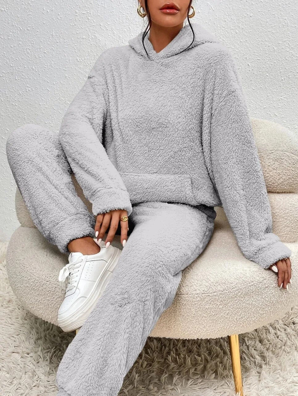 Dam 2-Delar Fleece Loungen Ställ | Mysig Huvtröja Och Joggingbyxor