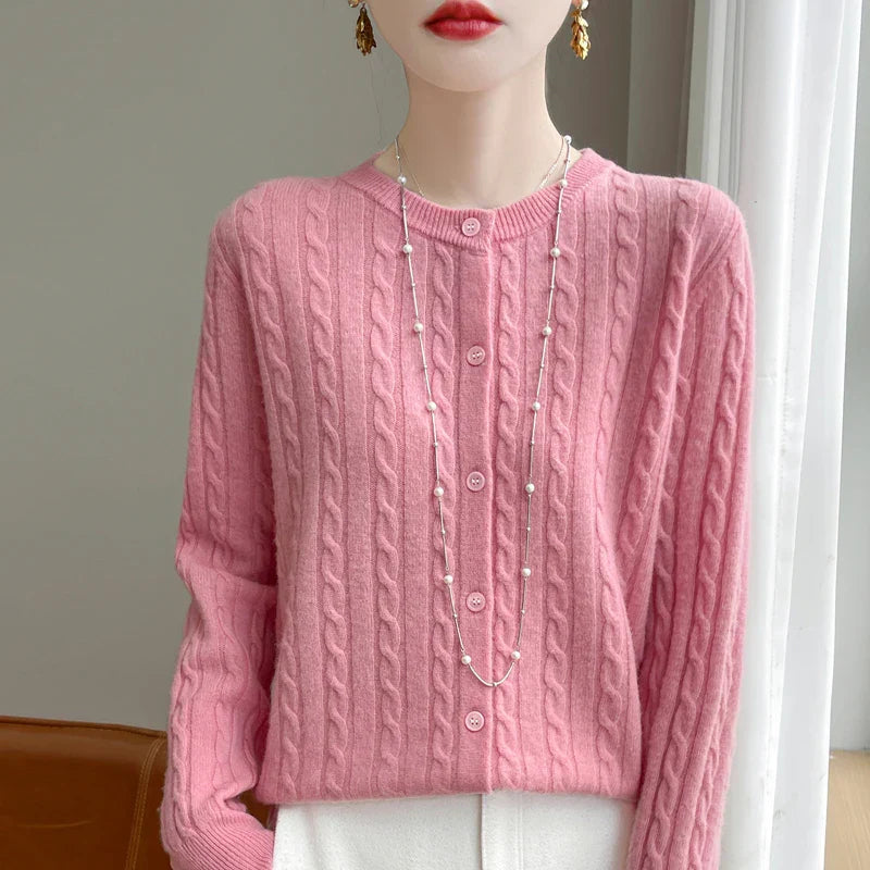 Dam Knapp-Fram Kabelstickning Tröja