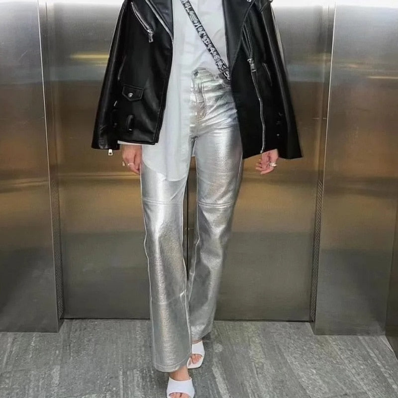 Miren | Dam Snygga Metalliskt Silver Byxor