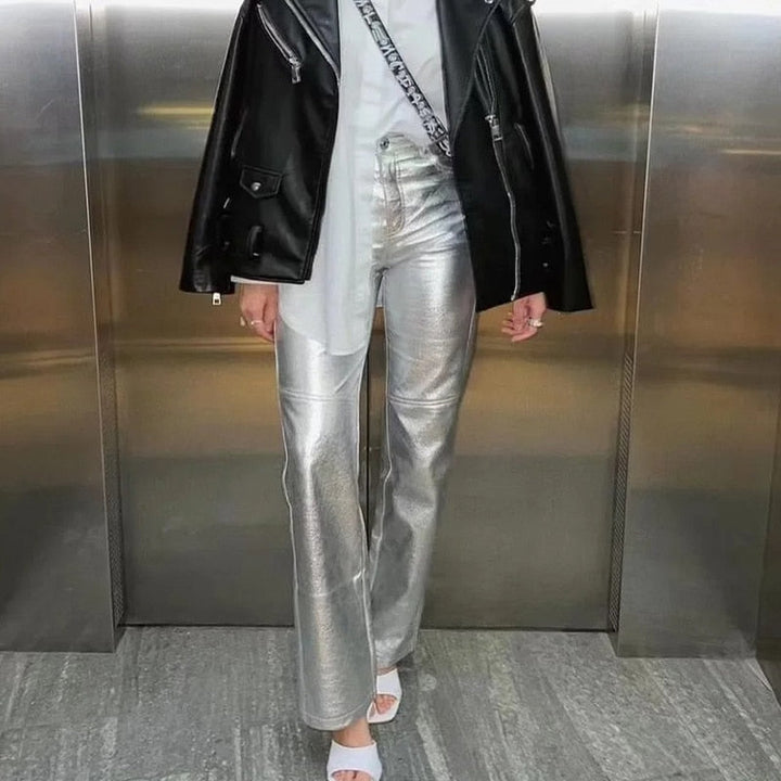 Miren | Dam Snygga Metalliskt Silver Byxor