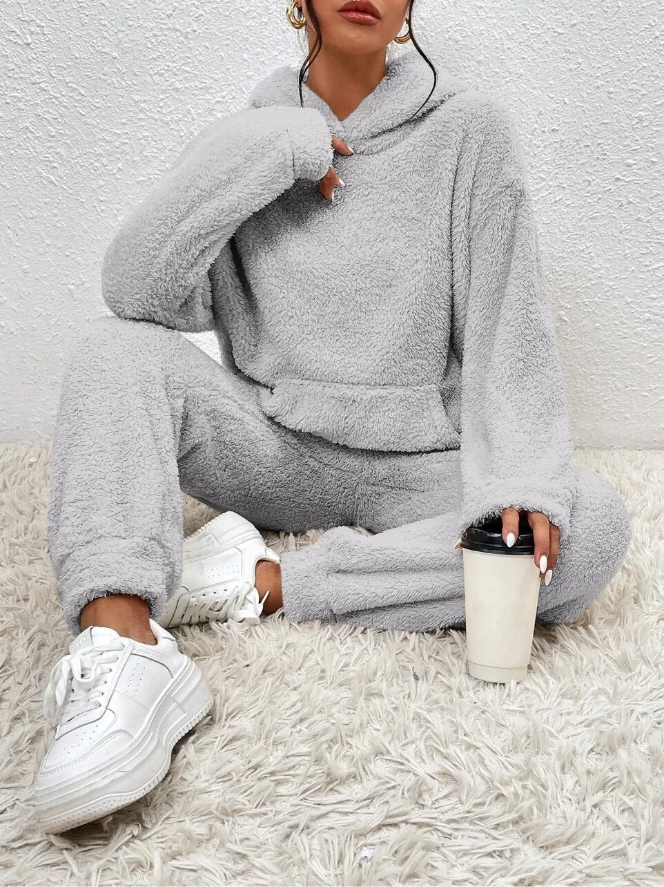Dam 2-Delar Fleece Loungen Ställ | Mysig Huvtröja Och Joggingbyxor