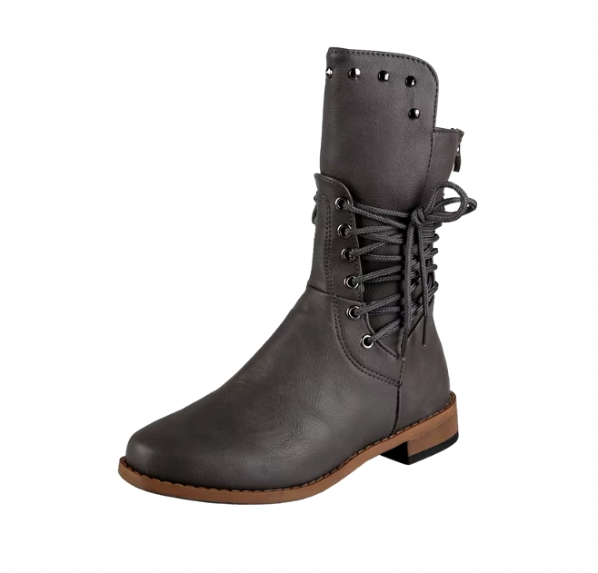 Dam Läder Cowboy Ankelstövlar med Snörning och Dekorativa Nitar