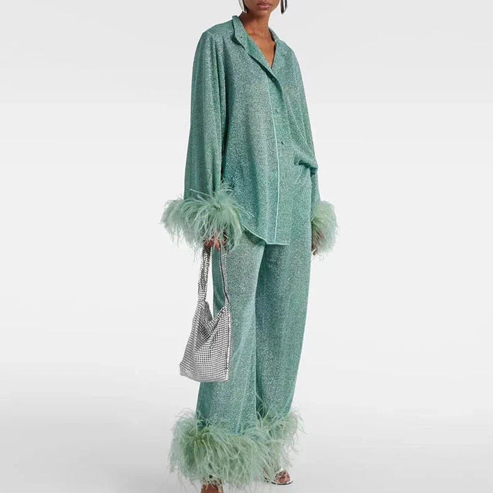 Dam Lyx Glittersätt | Blus och Vida-Ben Byxor Med Fjäder Trimma