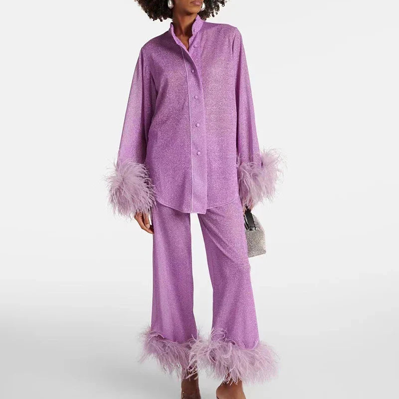 Dam Lyx Glittersätt | Blus och Vida-Ben Byxor Med Fjäder Trimma