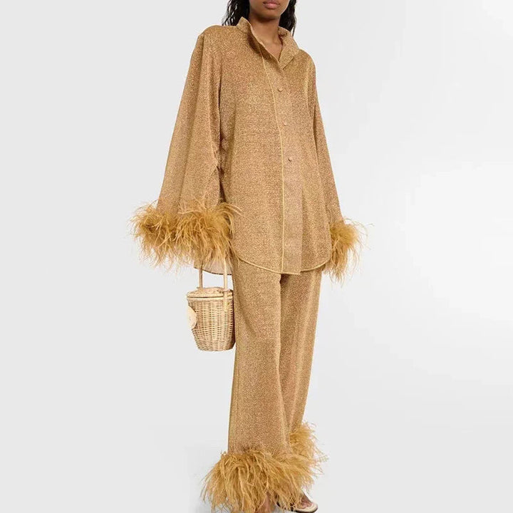 Dam Lyx Glittersätt | Blus och Vida-Ben Byxor Med Fjäder Trimma