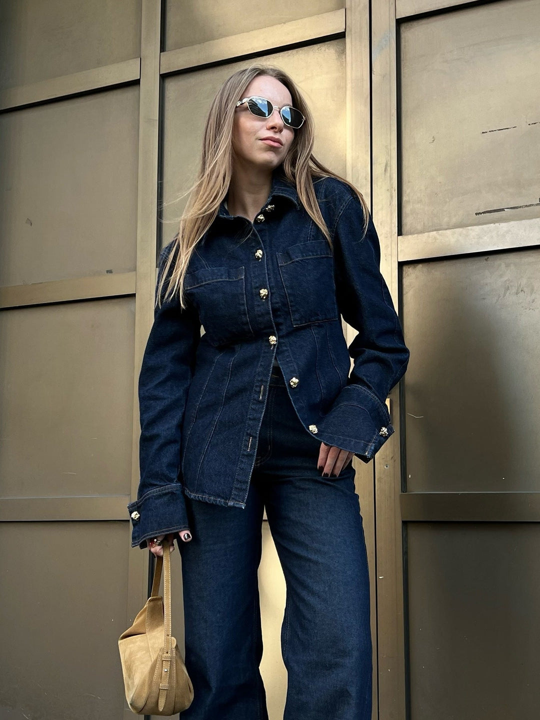 Dam Denim Stil Uppsättning | Utsvängda Jeans Och Blus Klädsel