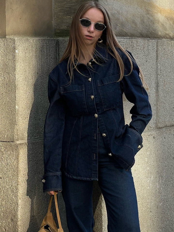 Dam Denim Stil Uppsättning | Utsvängda Jeans Och Blus Klädsel