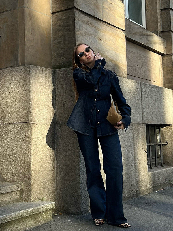 Dam Denim Stil Uppsättning | Utsvängda Jeans Och Blus Klädsel