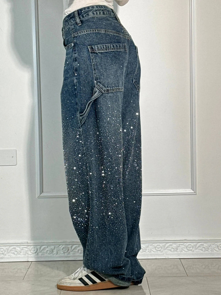 Dam Glittrande Säckiga Jeans
