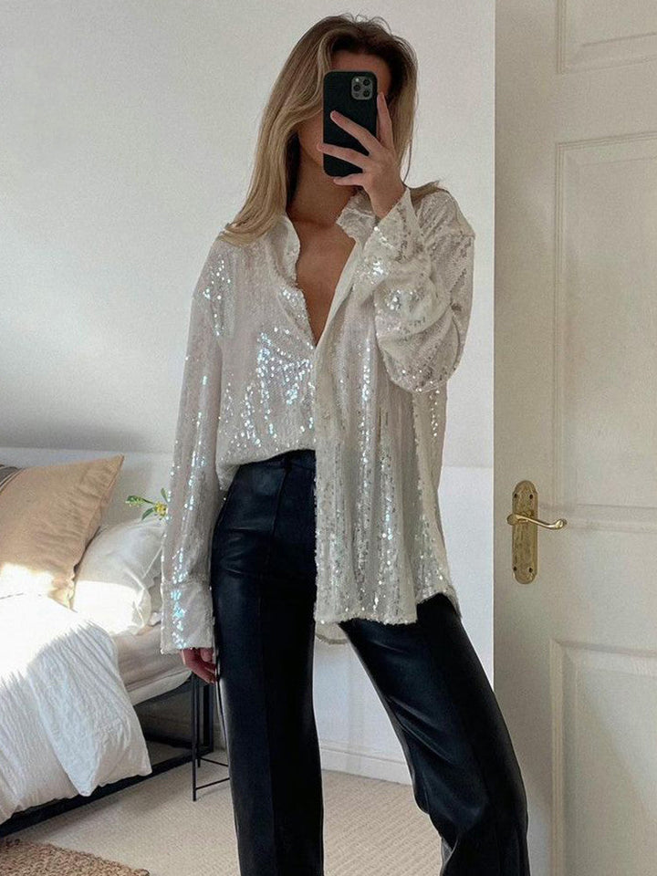 Dam Överdimensionerad Glittera Blus | Paljett Stil