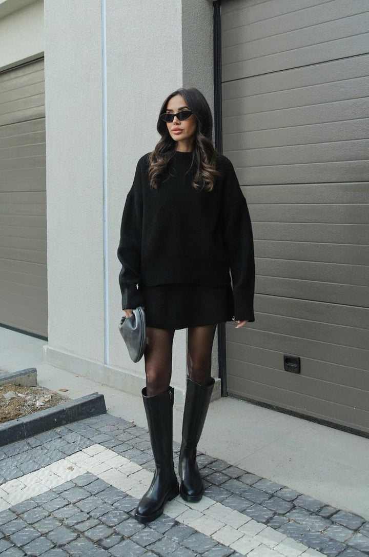 Mysigt Stickat Tvådelat Uppsättning | överdimensionerad Tröja och Stickad Kjol för Kvinnor